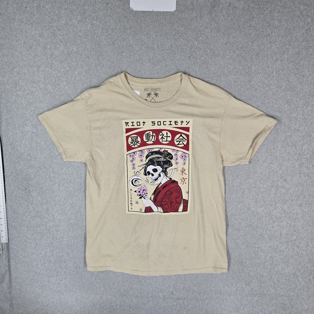 Riot Society Men Shirt L Beige Graphic Skeleton Geisha Tee Short Sleeve READ